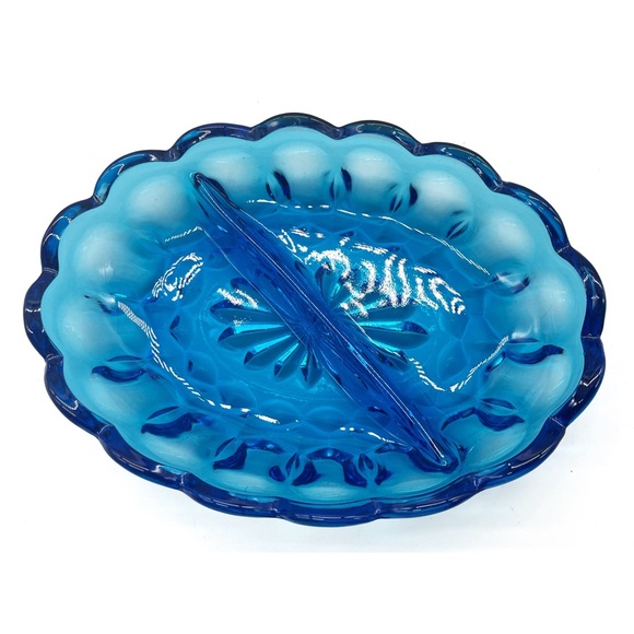 ANCHOR HOCKING FAIRFIELD LASER BLUE DIVIDED RELISH DISH MID CENTURY MCM OVAL - Picture 3 of 3